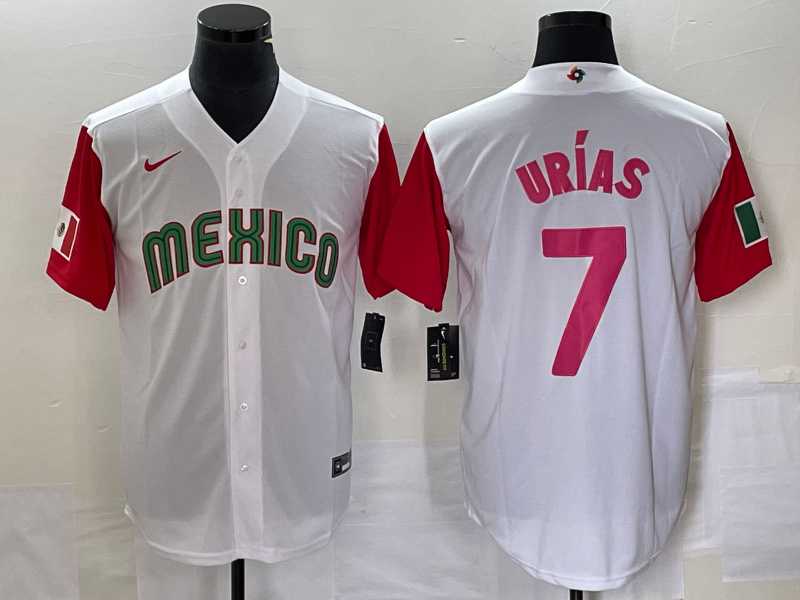 Men's Mexico Baseball #7 Julio Urias Number 2023 White Red World Classic Stitched Jersey 30